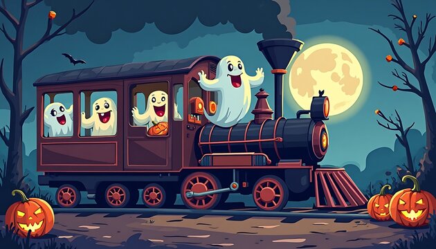 Cartoon Ghost Train with Spooky Pumpkins and Full Moon