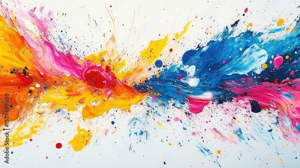 Poster dynamic splash of colorful paint streaks and droplets creating vibrant, energetic abstract movement 