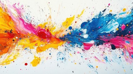 Dynamic splash of colorful paint streaks and droplets creating vibrant, energetic abstract movement across a white background