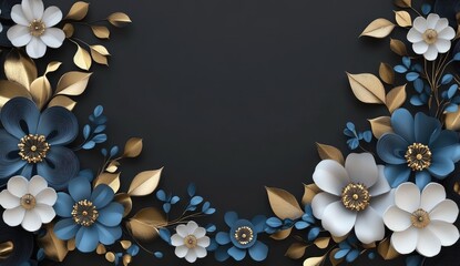 Dark background framed by 3D flowers and leaves in gold, navy, and white