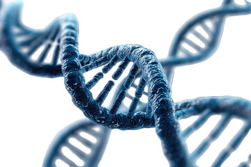 A detailed 3D rendering of three intertwined DNA double helix structures, showcasing their intricate molecular detail and complex interweaving pattern, rendered in shades of blue