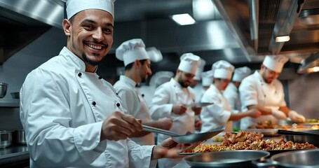 Smiling male chef in white uniform holds a serving spatula in a busy restaurant kitchen. Other chefs are working in the background. Warm lighting