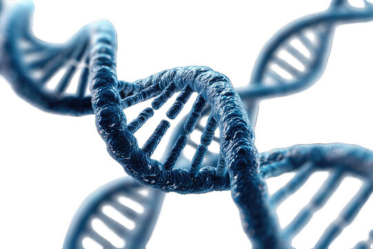 A detailed 3D rendering of three intertwined DNA double helix structures, showcasing their intricate molecular detail and complex interweaving pattern, rendered in shades of blue