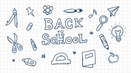 Hand-Drawn Doodle Illustrations of School, Education, and Science Objects on Grid Paper Background