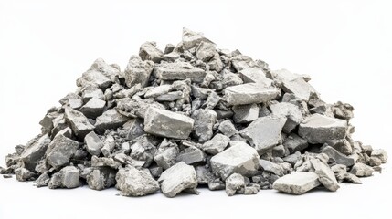 A pile of grey rubble, broken concrete and debris isolated on white background.