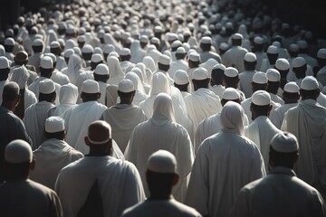 Obraz premium Crowd of men dressed in white religious attire and caps walking together in solemn formation outdoors