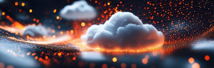 Abstract cloud computing concept, with white clouds and fiery, glowing particles
