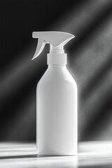 white plastic spray bottle on a reflective surface with soft shadows from a side light source