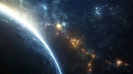 Obraz premium Earth from space, showing a sunrise or sunset, with bright nebulae and stars in the background.