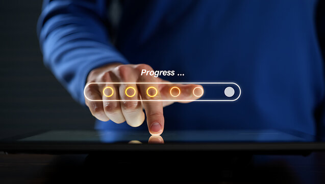 Close-Up of a Hand Interacting with a Digital Progress Bar Displaying "Progress..." and Glowing Circles, Symbolizing Loading, Completion, or Data Transfer - Powered by Adobe