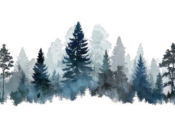 A watercolor-style landscape depicting a dense forest of evergreen trees in shades of blue and gray, rendered with a misty, atmospheric effect