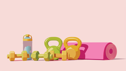 Obraz premium Aesthetic fitness equipment including dumbbells kettlebells water bottle and yoga mat on pink background