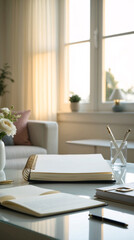 top down journal photo with white desk and accessories near daylight window in clean home working space layout interior design wallpaper background