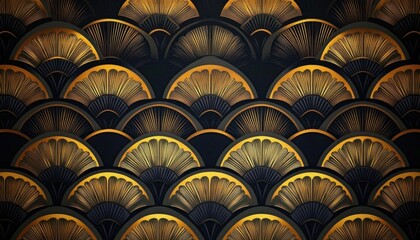Intricate repeating pattern of fan-shaped golden and black geometric designs creating an elegant and luxurious visual texture