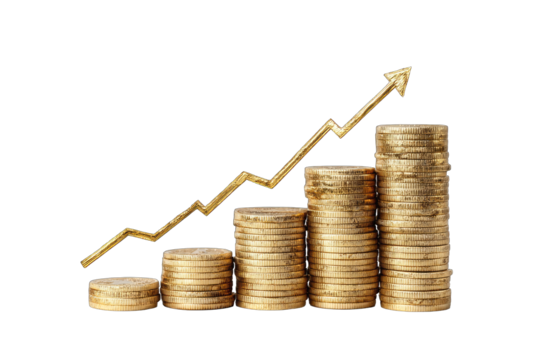Ascending stacks of coins illustrate financial growth, with a gold arrow symbolizing upward trajectory and increasing value over time