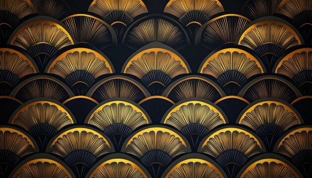 Intricate repeating pattern of fan-shaped golden and black geometric designs creating an elegant and luxurious visual texture