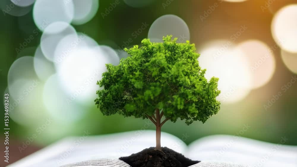Poster small tree growing from soil on an open book with blurred foliage and bokeh lights in background sym