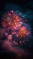 Vibrant red and blue fireworks exploding in night sky. High quality