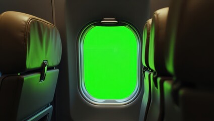 Looking out from inside a commercial airplane cabin with a green screen visible through the window, dark aircraft interior, realistic lighting and shadows, chroma key placeholder outside