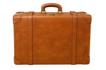 Vintage brown leather suitcase closed, resting on transparent background, conveying nostalgic travel memories