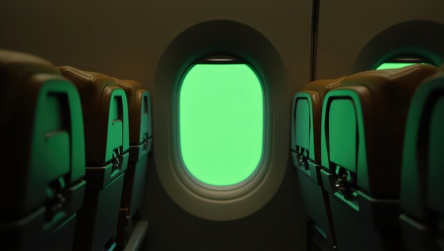 Looking out from inside a commercial airplane cabin with a green screen visible through the window, dark aircraft interior, realistic lighting and shadows, chroma key placeholder outside - Powered by Adobe