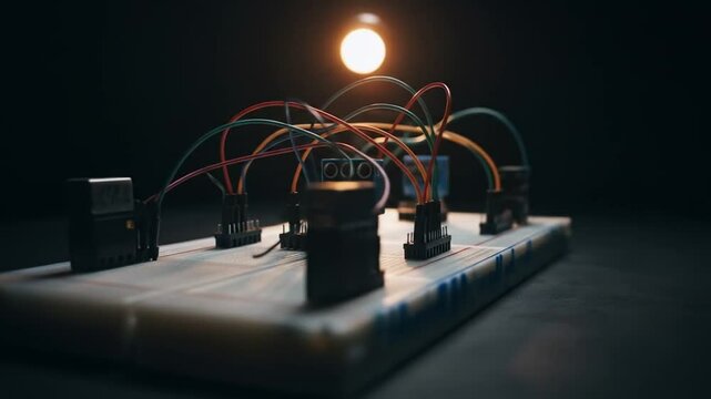 assembling electronic circuit on breadboard with wires and components in close-up
