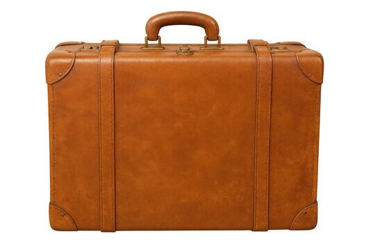 Vintage brown leather suitcase closed, resting on transparent background, conveying nostalgic travel memories