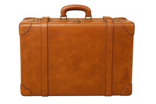 Vintage brown leather suitcase closed, resting on transparent background, conveying nostalgic travel memories - Powered by Adobe