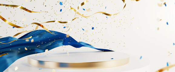  Elegant white podium with blue ribbon and golden confetti on white background