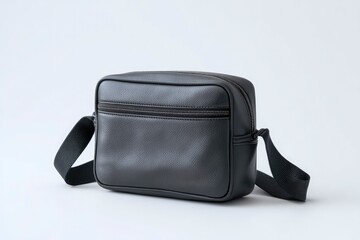 Naklejka premium Black rectangular leather bag with front pocket crossbody strap and zipper closure on a white background