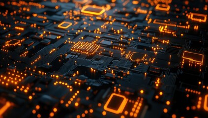 Abstract circuit board with glowing orange components