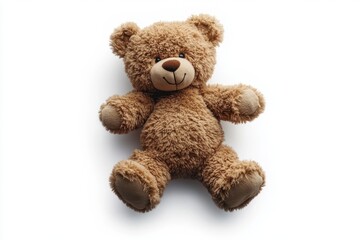 Obraz premium Fluffy brown teddy bear plush toy with smiling face sitting on white background