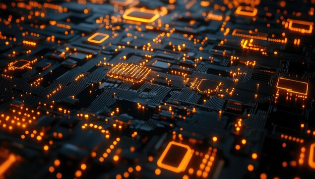 Abstract circuit board with glowing orange components