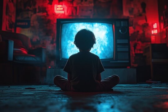 Child sitting cross-legged on the floor in a dimly lit room watching a glowing old television screen with a blue static image, surrounded by red ambient lighting and vintage decor