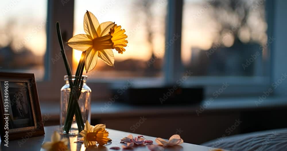 Poster yellow daffodils in a glass vase on a table by a window, illuminated by the warm glow of a setting s