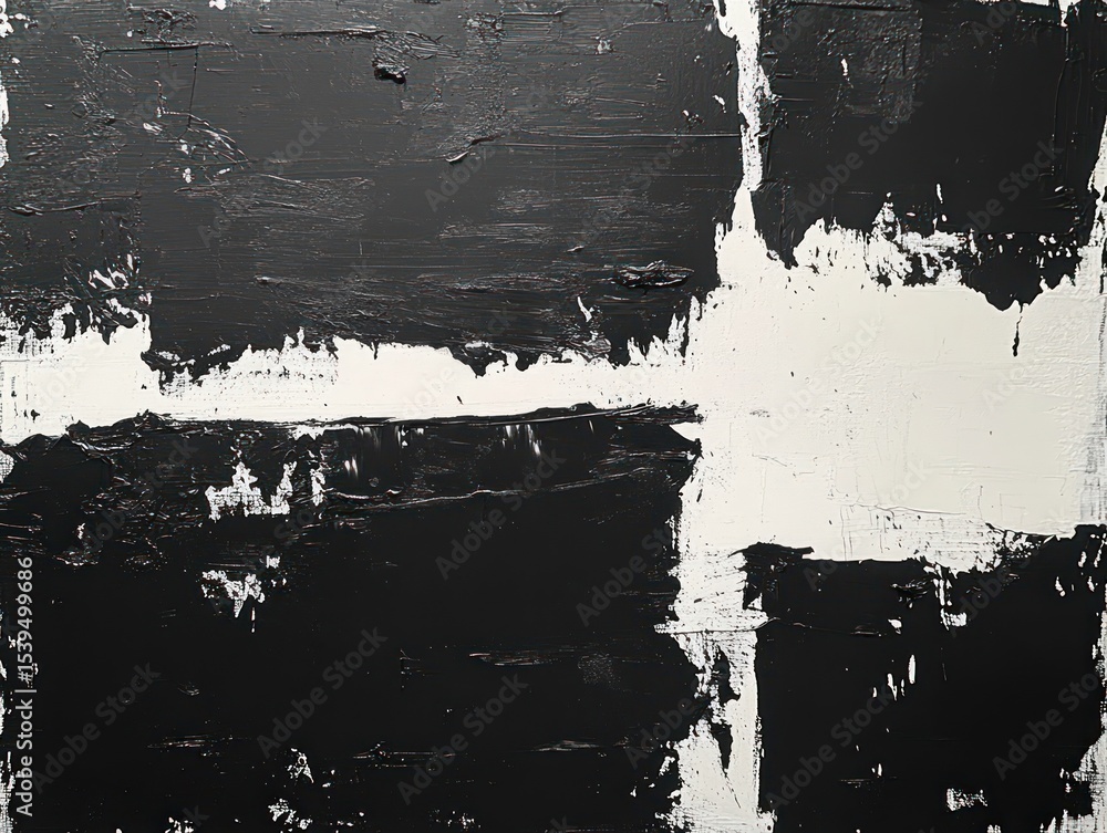 Aufkleber abstract textured painting with black and white blocks and rough brush strokes creating a bold, cont