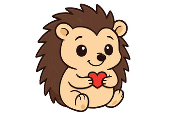 Obraz premium Cartoon hedgehog sitting and holding a red heart with both hands in a cute and lovely illustration
