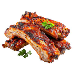 Delicious rack of barbecued pork ribs with parsley garnish. A close-up shot of succulent ribs, seasoned with herbs, ready to be enjoyed.