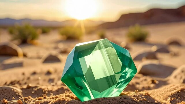 Emerald gemstone rests on the desert sand with a warm sunlight in the background creating a mystical natural treasure scene.