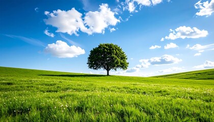 Lone tree with green field, and blue sky.