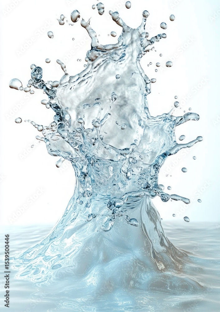 Poster clear water splash captured mid-air with droplets scattering and fluid surface creating dynamic moti