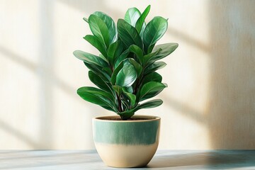 Green leafy indoor potted plant in a green and beige ceramic pot placed on a gray surface with soft shadows cast on a light textured wall