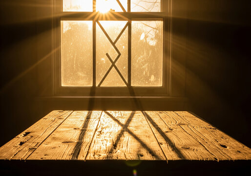 Warm Sunlight Casting Shadows Through Vintage Window onto Wooden Table &ndash; Cozy Interior Light Play, Natural Texture, and Serene Morning Atmosphere