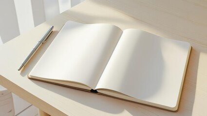 Open Blank Notebook with Pen: A pristine open notebook with blank pages sits beside a sleek pen on a minimalist table, illuminated by soft, natural light, inviting creativity and reflection.