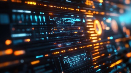 Futuristic digital interface with glowing blue and orange data visualizations and complex coding details conveying advanced technology and innovation