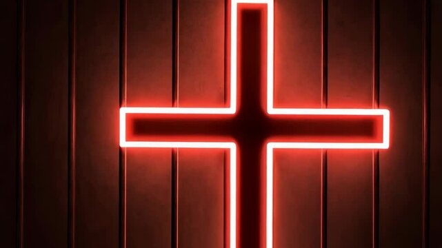 Glowing neon red cross against dark panel wall, religious sign, Christian symbol - Powered by Adobe