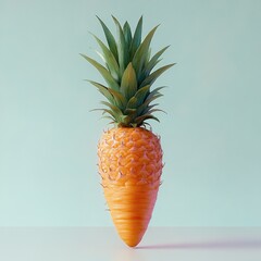 Close-up of a pineapple with its bottom half peeled to reveal the smooth orange flesh, set against a soft pastel blue background