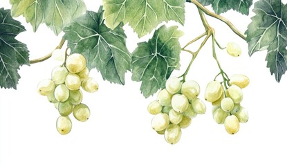 Obraz premium Watercolor illustration of clusters of pale green grapes hanging from vines with leaves