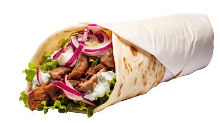 Fresh Chicken Shawarma Wrap with Vegetables, Tasty Donor Kebab Roll Isolated on White,  Grilled Meat Wrap with Onion and Sauce, Middle Eastern Wrap with Lettuce and Chicken, Shawarma, Chicken Shawarma