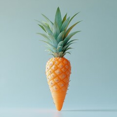 Unusual hybrid fruit combining a carrot body with pineapple leaves on top against a plain light blue background